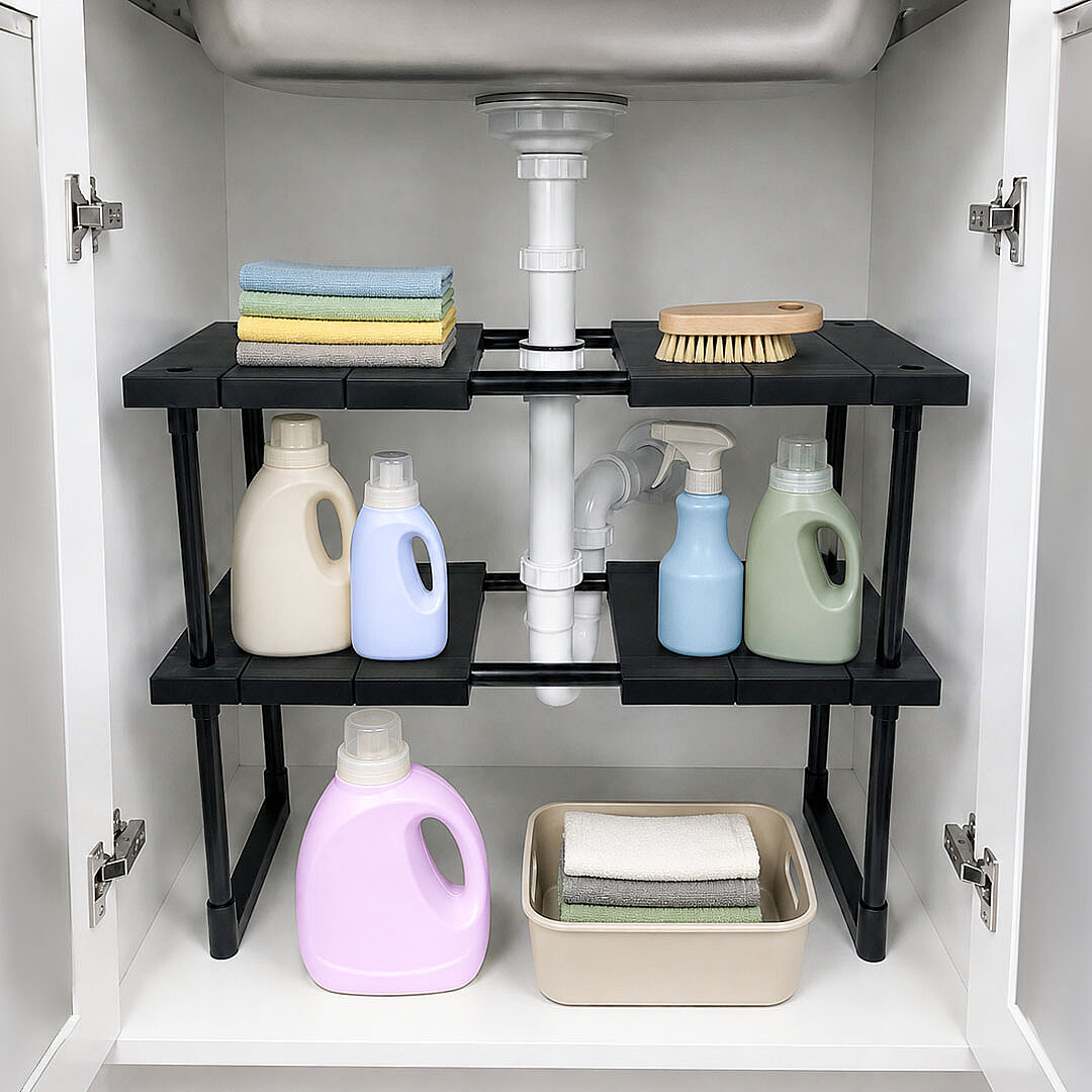2 Katlı Ayarlanabilir Genişletilebilir Tezgahaltı Düzenleyici Raf Banyo Mutfak Organizer Deterjanlık - 1