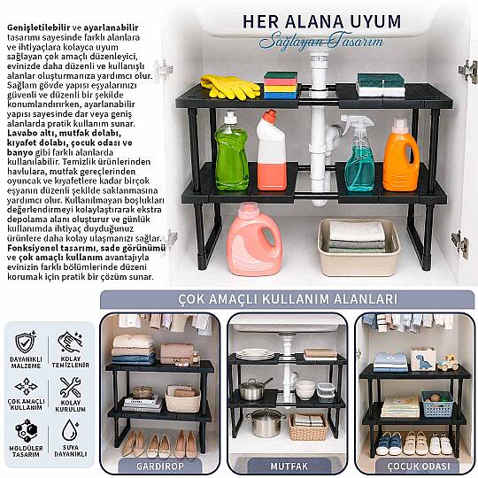 2 Katlı Ayarlanabilir Genişletilebilir Tezgahaltı Düzenleyici Raf Banyo Mutfak Organizer Deterjanlık - 3