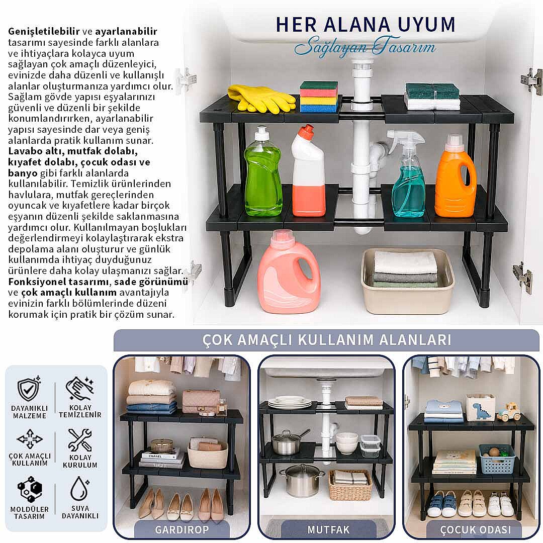 2 Katlı Ayarlanabilir Genişletilebilir Tezgahaltı Düzenleyici Raf Banyo Mutfak Organizer Deterjanlık - 3