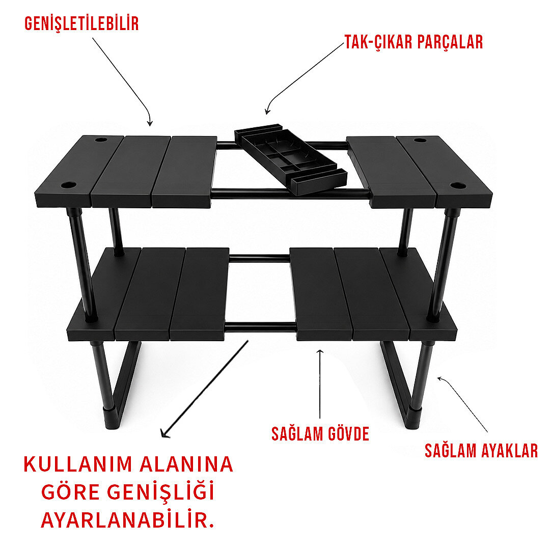 2 Katlı Ayarlanabilir Genişletilebilir Tezgahaltı Düzenleyici Raf Banyo Mutfak Organizer Deterjanlık - 2