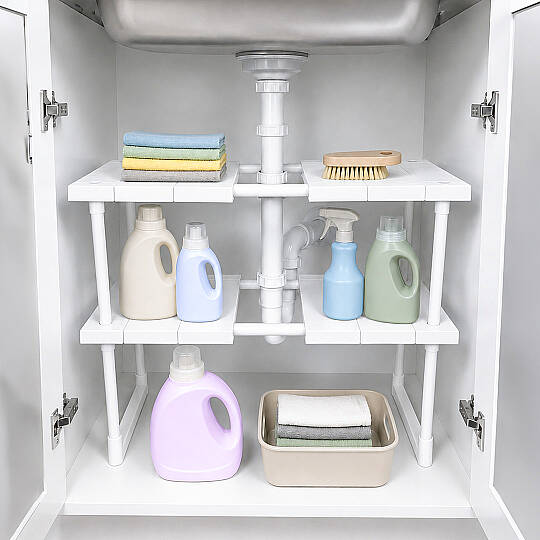 2 Katlı Ayarlanabilir Genişletilebilir Tezgahaltı Düzenleyici Raf Banyo Mutfak Organizer Deterjanlık