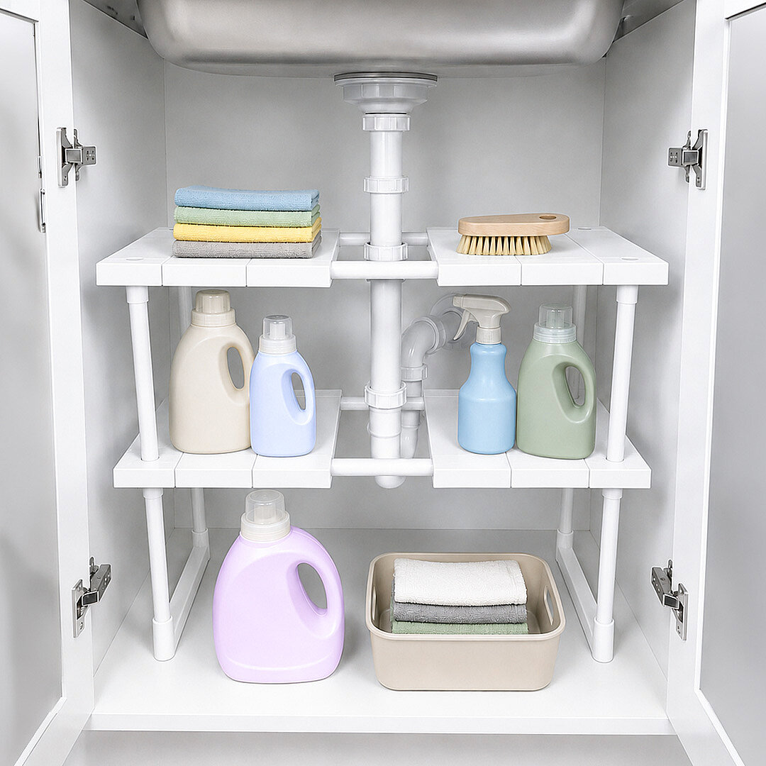 2 Katlı Ayarlanabilir Genişletilebilir Tezgahaltı Düzenleyici Raf Banyo Mutfak Organizer Deterjanlık - 1