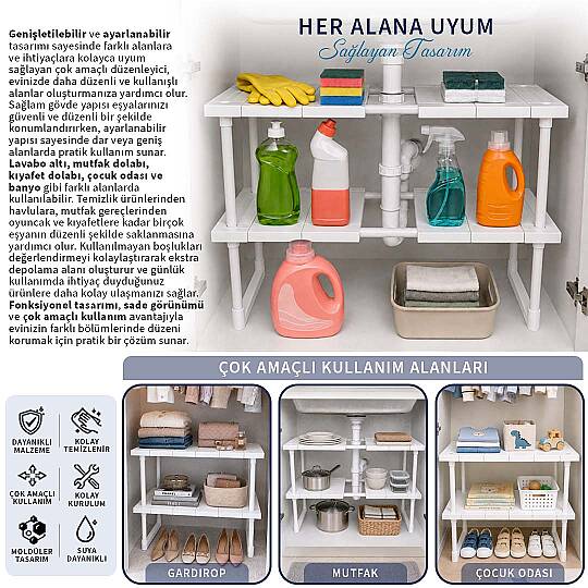 2 Katlı Ayarlanabilir Genişletilebilir Tezgahaltı Düzenleyici Raf Banyo Mutfak Organizer Deterjanlık - 3