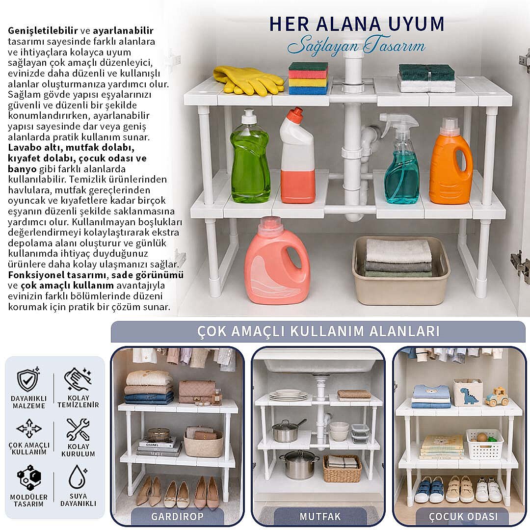 2 Katlı Ayarlanabilir Genişletilebilir Tezgahaltı Düzenleyici Raf Banyo Mutfak Organizer Deterjanlık - 3
