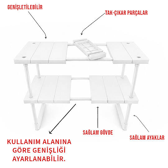2 Katlı Ayarlanabilir Genişletilebilir Tezgahaltı Düzenleyici Raf Banyo Mutfak Organizer Deterjanlık - 2