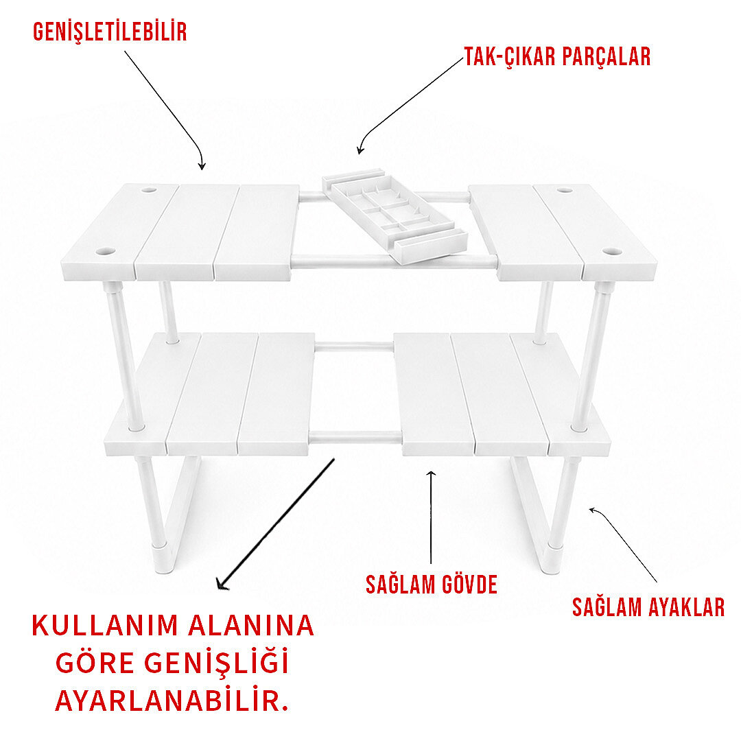 2 Katlı Ayarlanabilir Genişletilebilir Tezgahaltı Düzenleyici Raf Banyo Mutfak Organizer Deterjanlık - 2