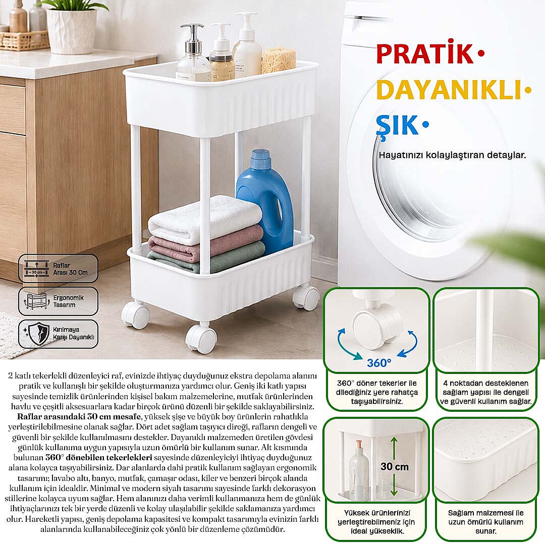2 Katlı Tekerlekli Tezgah Altı Banyo Mutfak Rafı Çok Amaçlı Dolap Düzenleyici Organizer Deterjanlık - Kopya - 3