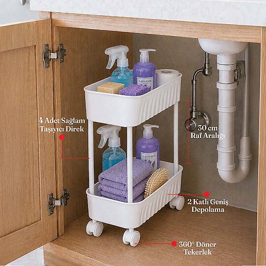 2 Katlı Tekerlekli Tezgah Altı Banyo Mutfak Rafı Çok Amaçlı Dolap Düzenleyici Organizer Deterjanlık - Kopya - 2