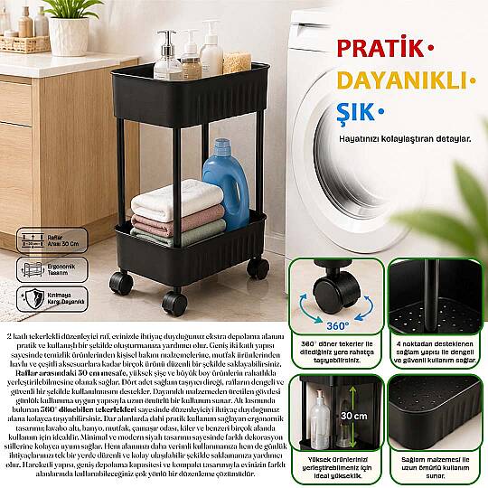 2 Katlı Tekerlekli Tezgah Altı Banyo Mutfak Rafı Çok Amaçlı Dolap Düzenleyici Organizer Deterjanlık - 3