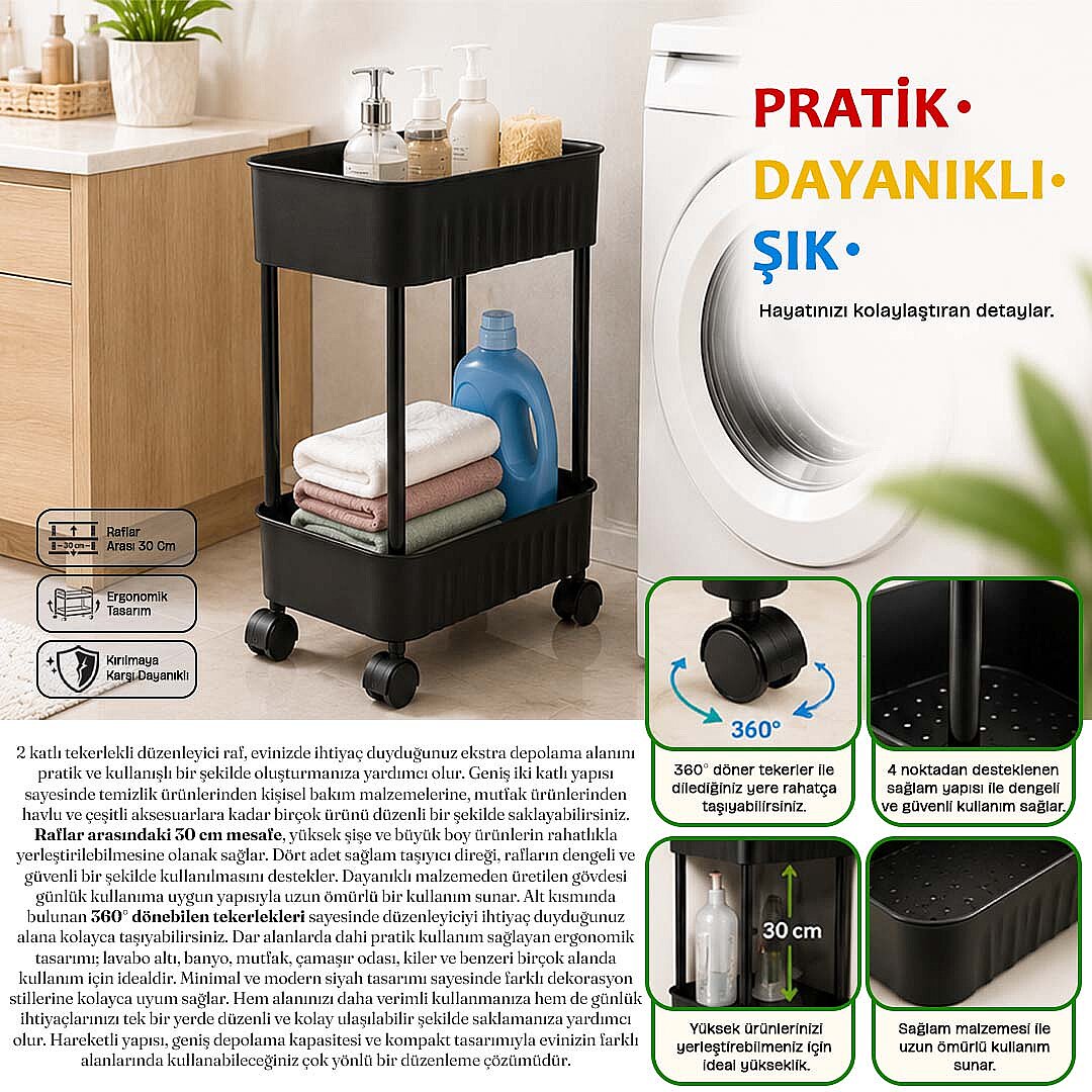 2 Katlı Tekerlekli Tezgah Altı Banyo Mutfak Rafı Çok Amaçlı Dolap Düzenleyici Organizer Deterjanlık - 3