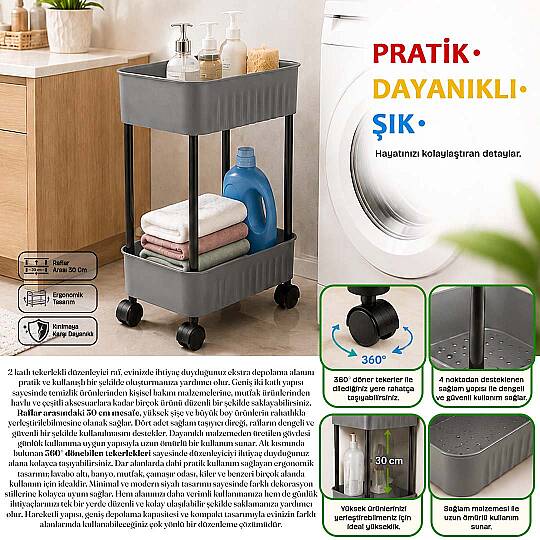 2 Katlı Tekerlekli Tezgah Altı Banyo Mutfak Rafı Çok Amaçlı Dolap Düzenleyici Organizer Deterjanlık - 3