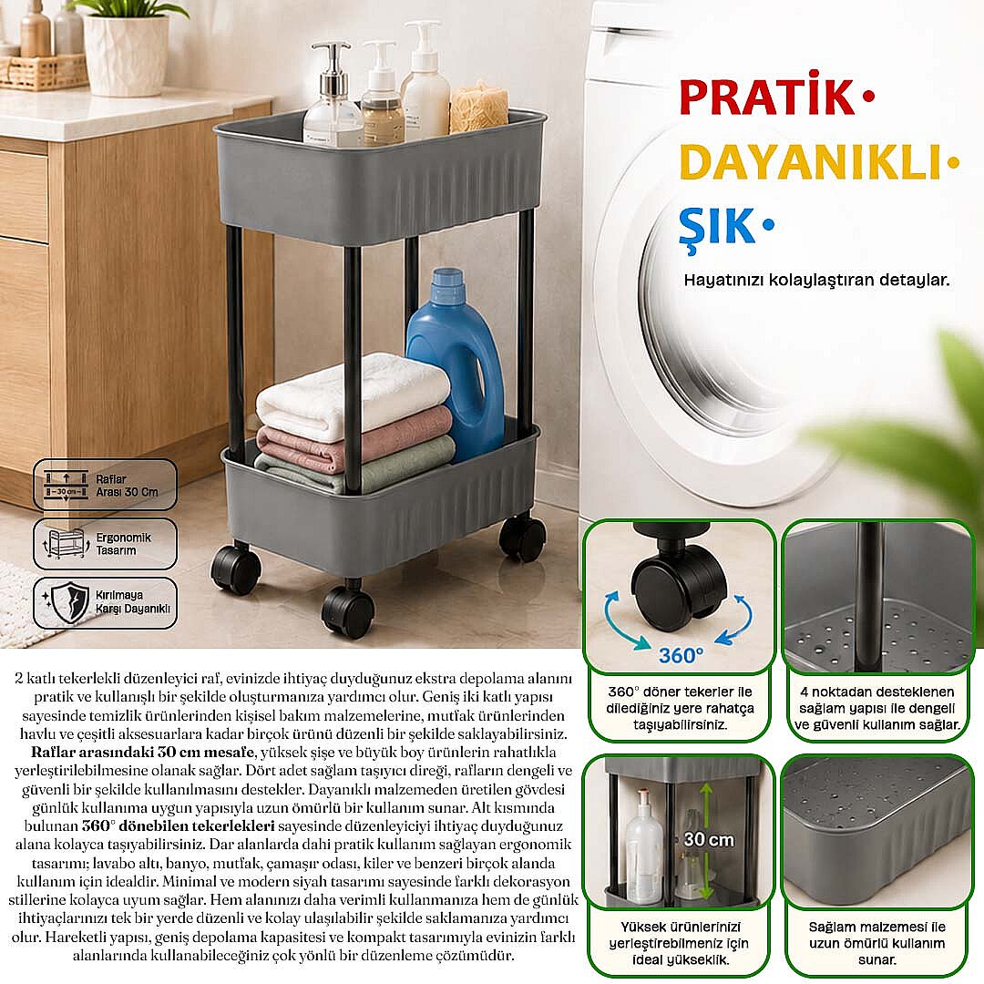 2 Katlı Tekerlekli Tezgah Altı Banyo Mutfak Rafı Çok Amaçlı Dolap Düzenleyici Organizer Deterjanlık - 3