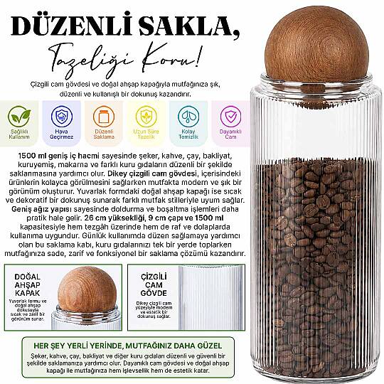 2'li 1500 ml Cam Erzak Kavanozu Seti – Ahşap Top Kapaklı Çay Kahve Şeker Tuz Saklama Kavanozu - 2