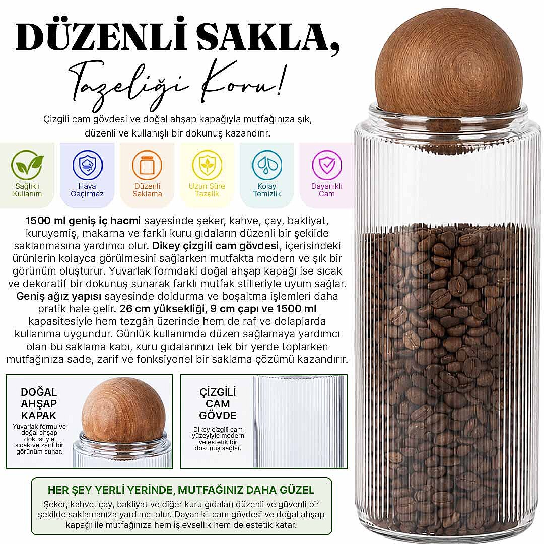 2'li 1500 ml Cam Erzak Kavanozu Seti – Ahşap Top Kapaklı Çay Kahve Şeker Tuz Saklama Kavanozu - 2