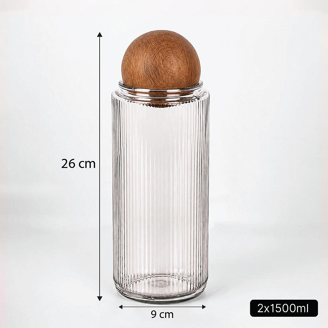 2'li 1500 ml Cam Erzak Kavanozu Seti – Ahşap Top Kapaklı Çay Kahve Şeker Tuz Saklama Kavanozu - 3