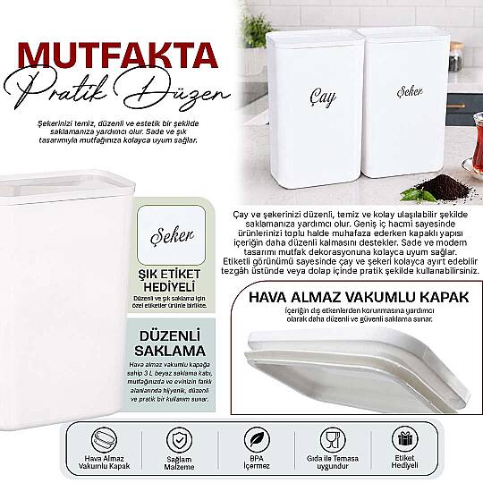 2'li 3 Lt Beyaz Akrilik Çay Şeker Saklama Kabı – Vakum Kapaklı Etiketli Erzak Kutusu Seti - 2