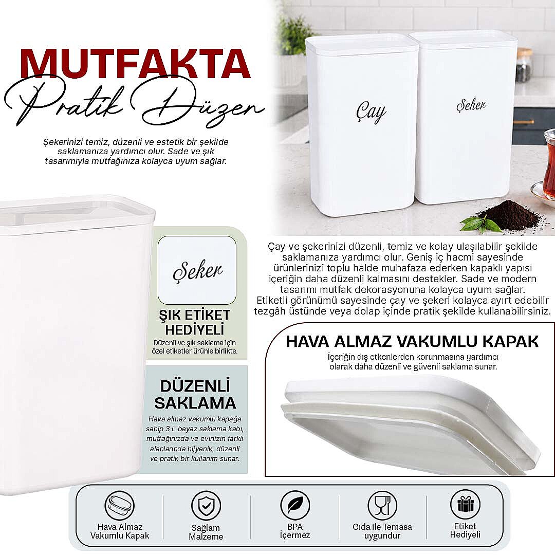 2'li 3 Lt Beyaz Akrilik Çay Şeker Saklama Kabı – Vakum Kapaklı Etiketli Erzak Kutusu Seti - 2