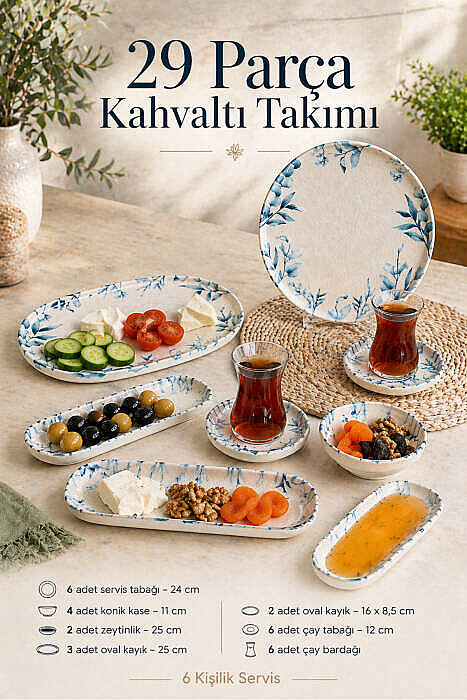29 Parça Porselen Kahvaltı Takımı - Dijital Kabartma Desenli Bluetta 6 Kişilik Kahvaltı Servis Sunum Seti - 2