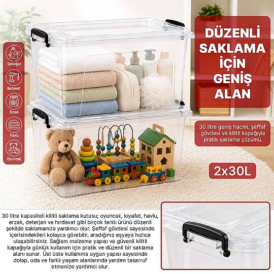2li 30 Lt Kilitli Saklama Kutusu Çok Amaçlı Kiler Erzak Hırdavat Deterjan Oyuncak Düzenleyici Organizer - 2