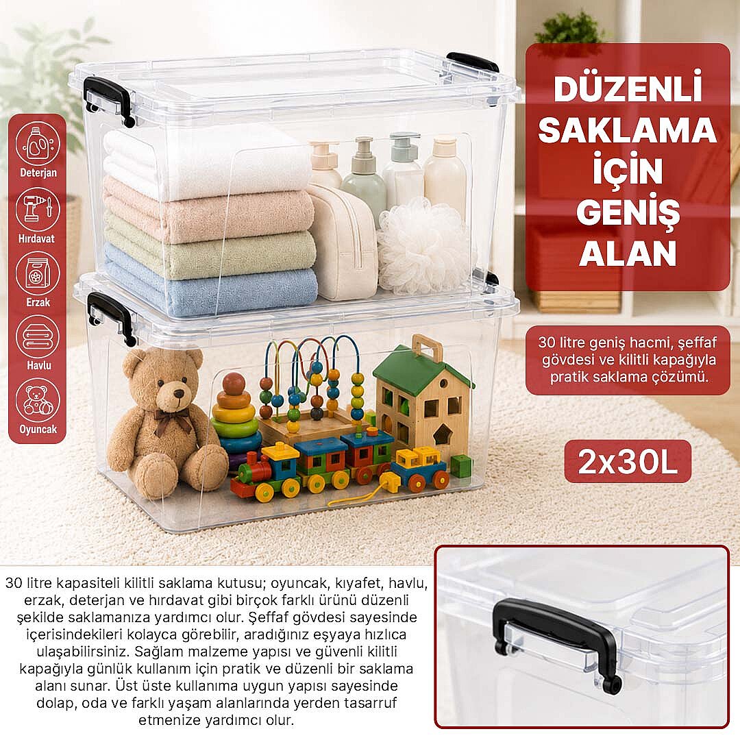 2li 30 Lt Kilitli Saklama Kutusu Çok Amaçlı Kiler Erzak Hırdavat Deterjan Oyuncak Düzenleyici Organizer - 2