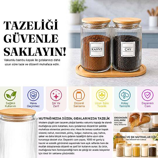 2'li 1000 ml Ahşap Standlı Cam Çay Kahve Kavanozu – Vakum Kapaklı Erzak Saklama Kabı Seti - 2