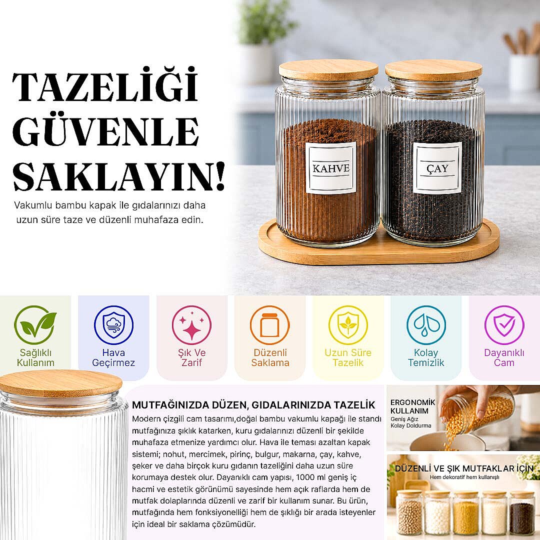 2'li 1000 ml Ahşap Standlı Cam Çay Kahve Kavanozu – Vakum Kapaklı Erzak Saklama Kabı Seti - 2