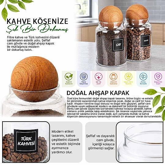 2'li 1000 ml Cam Çay Kahve Kavanozu Seti – Ahşap Top Kapaklı Erzak Saklama Kabı - 2