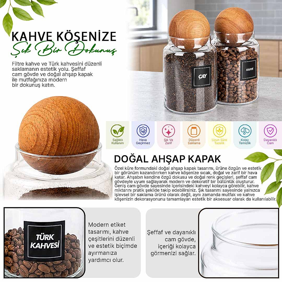 2'li 1000 ml Cam Çay Kahve Kavanozu Seti – Ahşap Top Kapaklı Erzak Saklama Kabı - 2