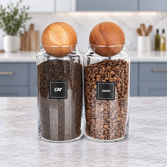 2'li 1400 ml Cam Çay Şeker Kavanozu Seti – Ahşap Top Kapaklı Erzak Saklama Kabı