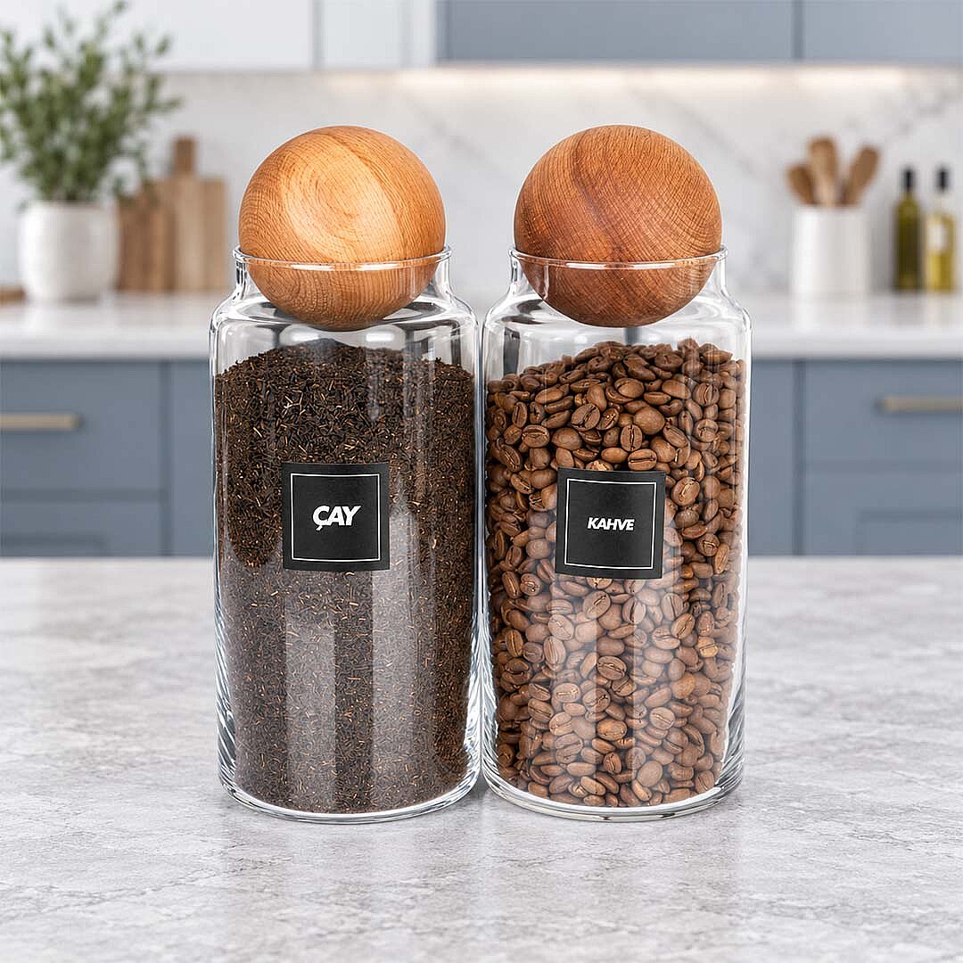 2'li 1400 ml Cam Çay Şeker Kavanozu Seti – Ahşap Top Kapaklı Erzak Saklama Kabı - 1