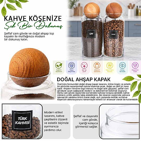 2'li 1400 ml Cam Çay Şeker Kavanozu Seti – Ahşap Top Kapaklı Erzak Saklama Kabı - 2