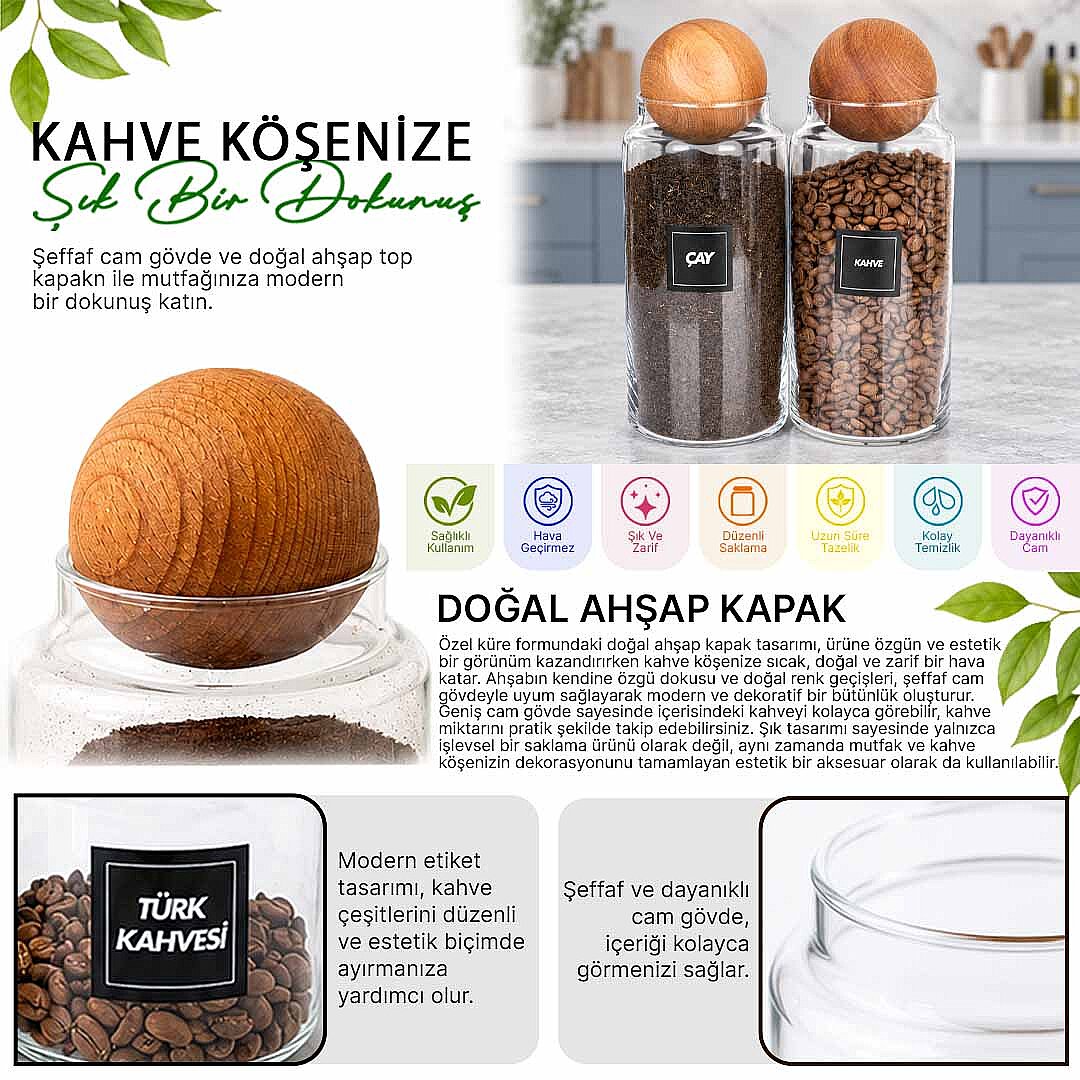 2'li 1400 ml Cam Çay Şeker Kavanozu Seti – Ahşap Top Kapaklı Erzak Saklama Kabı - 2