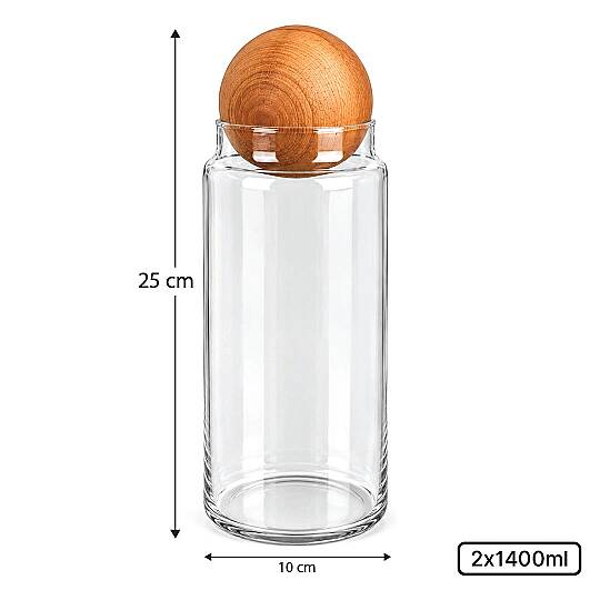 2'li 1400 ml Cam Çay Şeker Kavanozu Seti – Ahşap Top Kapaklı Erzak Saklama Kabı - 3