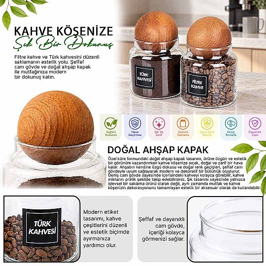 2'li 600 ml Cam Kahve Kavanozu Seti – Ahşap Top Kapaklı Türk Kahvesi ve Filtre Kahve Saklama Kabı - 2