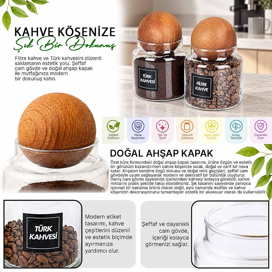 2'li 600 ml Cam Kahve Kavanozu Seti – Ahşap Top Kapaklı Türk Kahvesi ve Filtre Kahve Saklama Kabı - 2