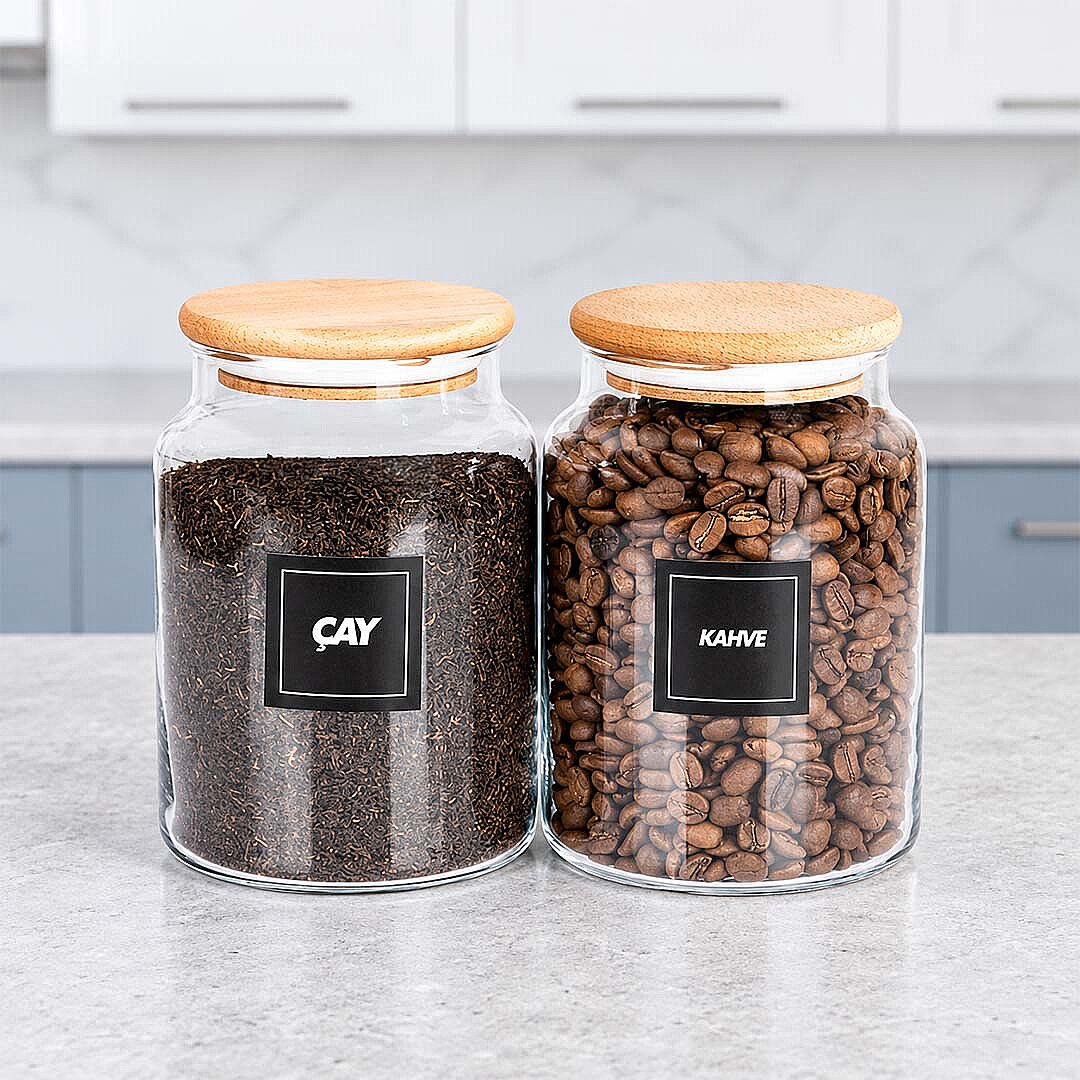 2'li 1000 ml Cam Çay Kahve Kavanozu Seti – Ahşap Vakum Kapaklı Erzak Saklama Kabı - 1