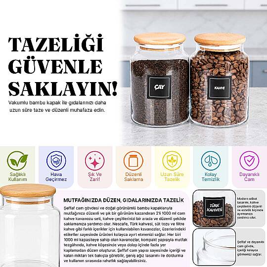 2'li 1000 ml Cam Çay Kahve Kavanozu Seti – Ahşap Vakum Kapaklı Erzak Saklama Kabı - 2