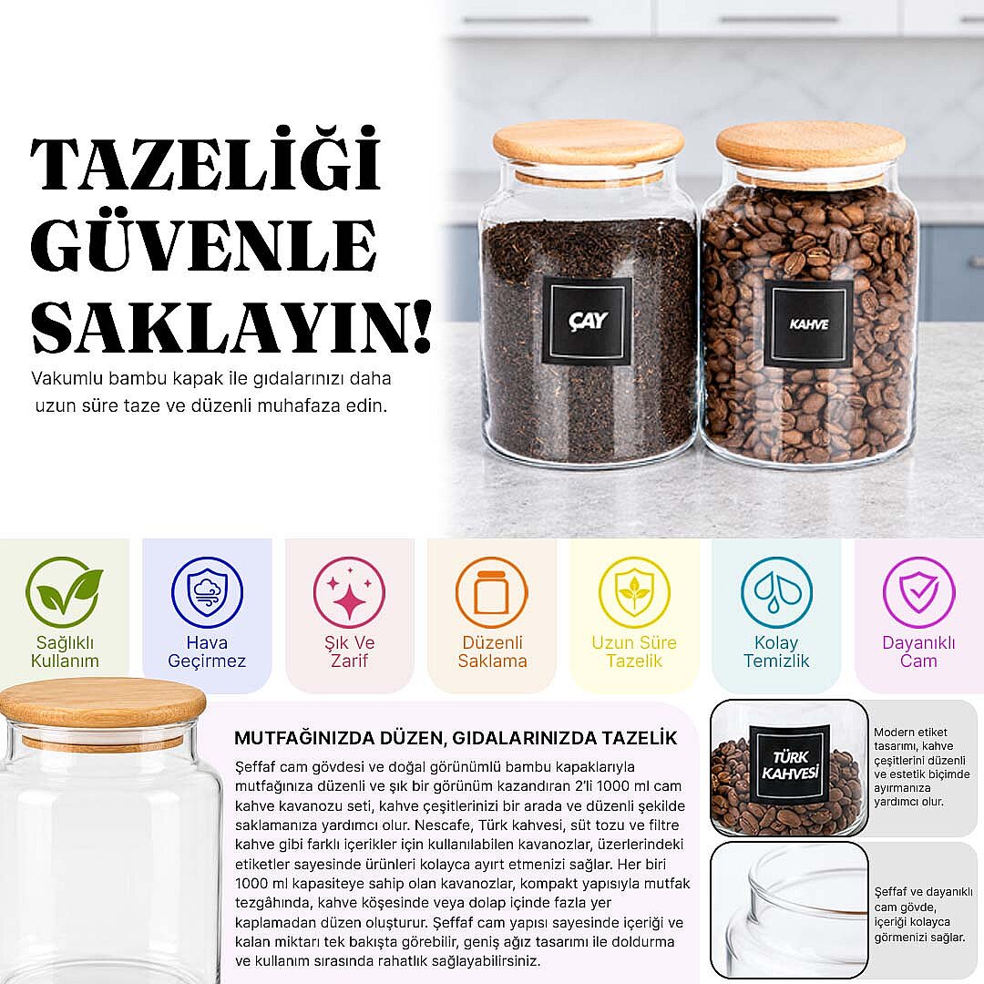 2'li 1000 ml Cam Çay Kahve Kavanozu Seti – Ahşap Vakum Kapaklı Erzak Saklama Kabı - 2