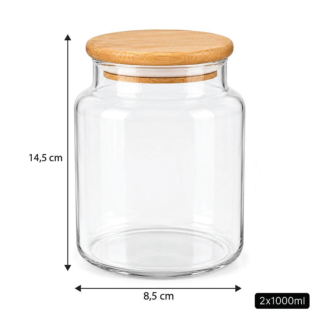 2'li 1000 ml Cam Çay Kahve Kavanozu Seti – Ahşap Vakum Kapaklı Erzak Saklama Kabı - 3