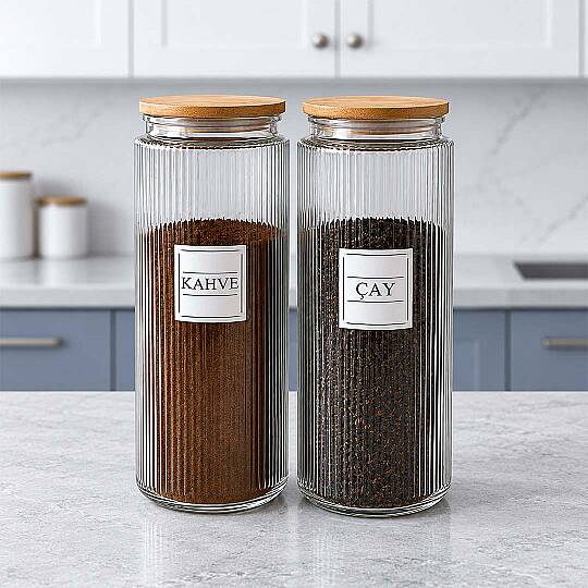 2'li 1400 ml Cam Çay Kahve Kavanozu Seti – Ahşap Vakum Kapaklı Erzak Saklama Kabı