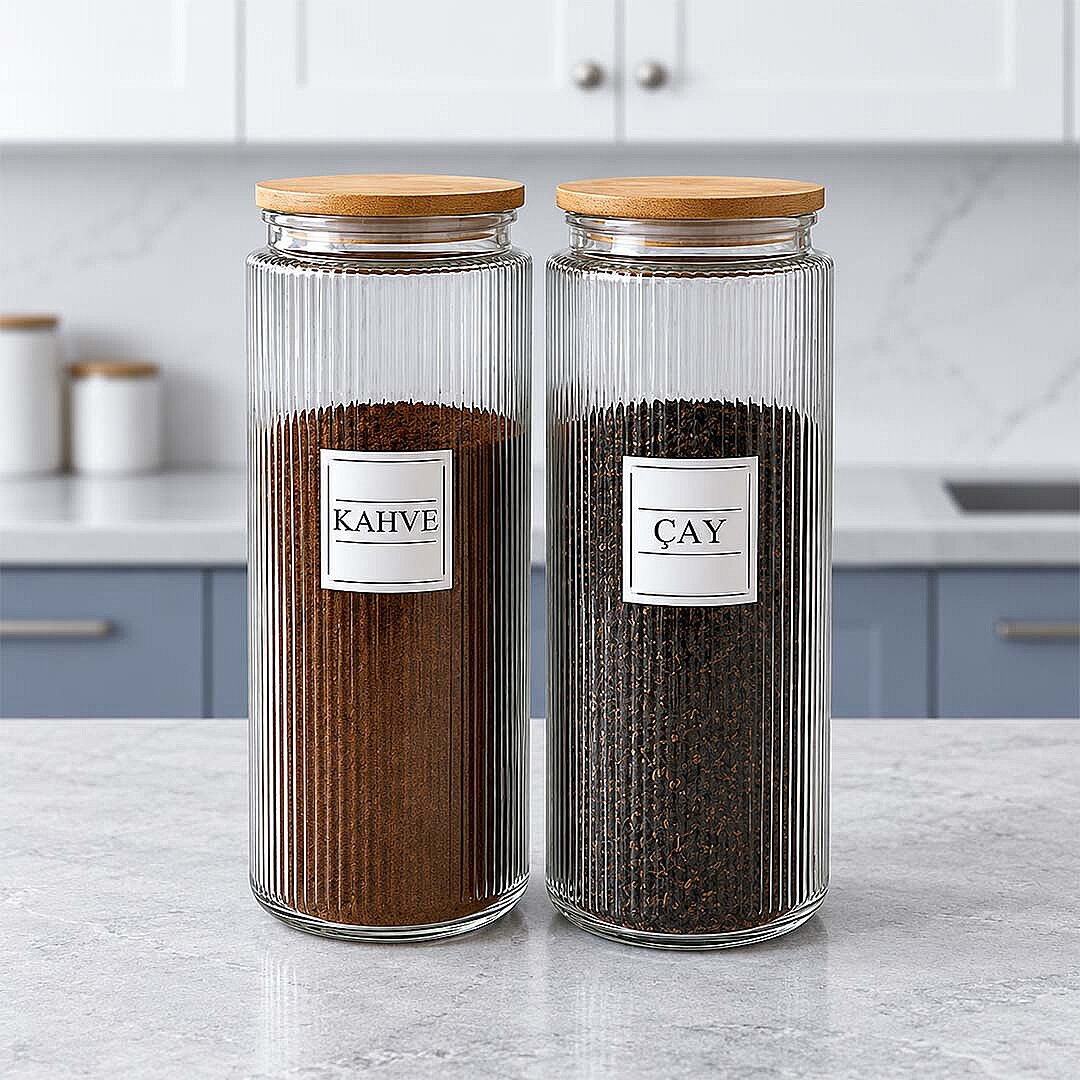 2'li 1400 ml Cam Çay Kahve Kavanozu Seti – Ahşap Vakum Kapaklı Erzak Saklama Kabı - 1