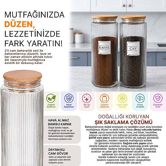 2'li 1400 ml Cam Çay Kahve Kavanozu Seti – Ahşap Vakum Kapaklı Erzak Saklama Kabı - 2