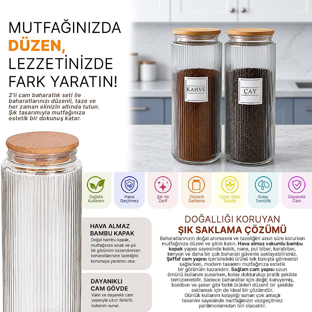 2'li 1400 ml Cam Çay Kahve Kavanozu Seti – Ahşap Vakum Kapaklı Erzak Saklama Kabı - 2
