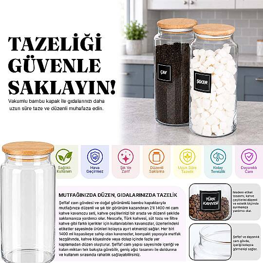 2'li 1400 ml Cam Çay Şeker Kavanozu Seti – Ahşap Vakum Kapaklı Erzak Saklama Kabı - 2