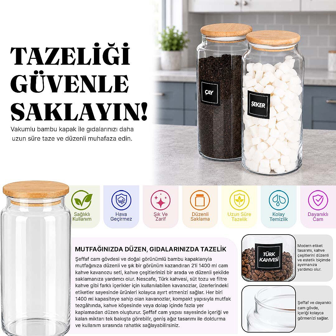2'li 1400 ml Cam Çay Şeker Kavanozu Seti – Ahşap Vakum Kapaklı Erzak Saklama Kabı - 2