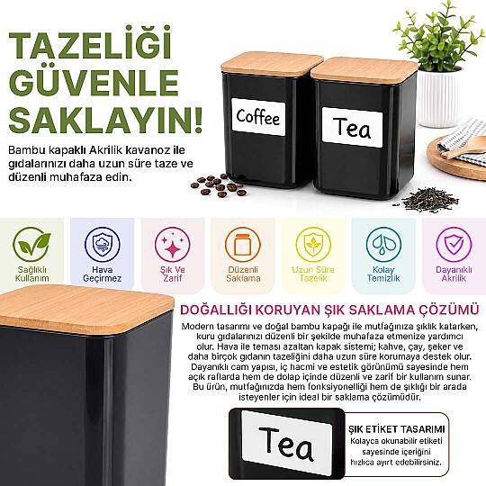 2'li 900 ml Kare Akrilik Çay Şeker Saklama Kabı – Ahşap Vakum Kapaklı Erzak Kavanozu Seti - 2