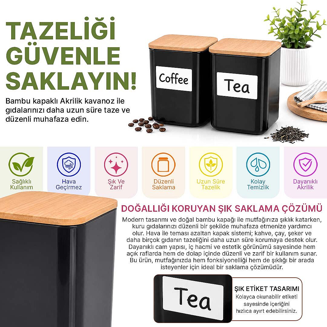 2'li 900 ml Kare Akrilik Çay Şeker Saklama Kabı – Ahşap Vakum Kapaklı Erzak Kavanozu Seti - 2