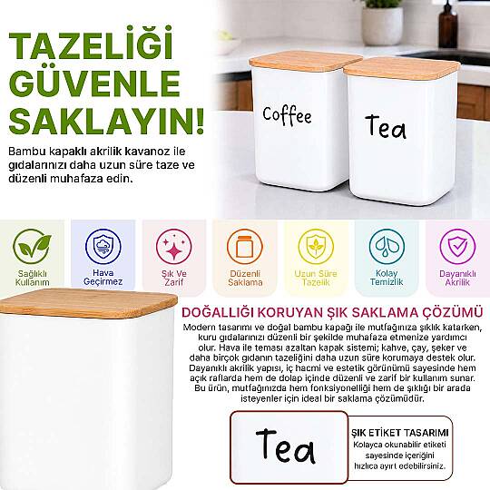 2'li 900 ml Kare Akrilik Çay Kahve Saklama Kabı – Ahşap Vakum Kapaklı Erzak Kavanozu Seti - 2