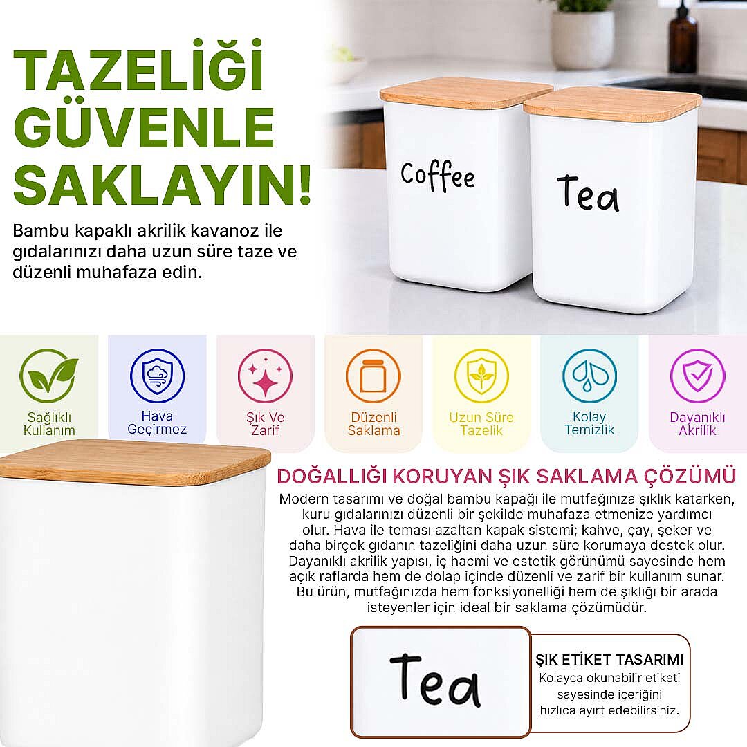 2'li 900 ml Kare Akrilik Çay Kahve Saklama Kabı – Ahşap Vakum Kapaklı Erzak Kavanozu Seti - 2