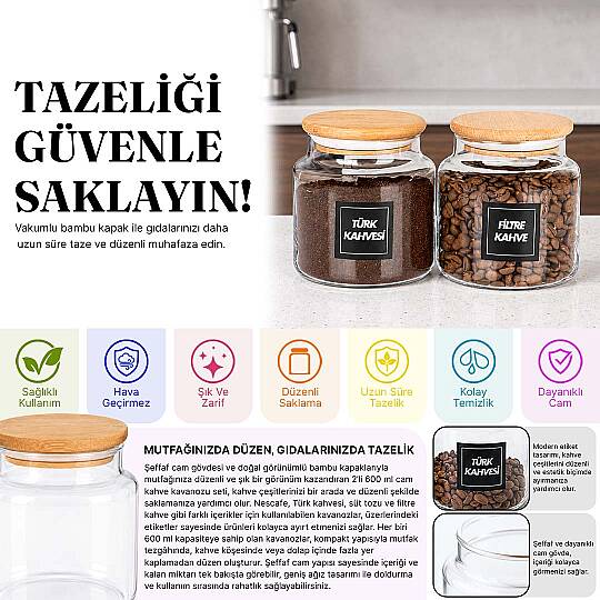 2'li 600 ml Cam Kahve Kavanozu Seti – Ahşap Vakum Kapaklı Filtre Kahve ve Türk Kahvesi Saklama Kabı - 2